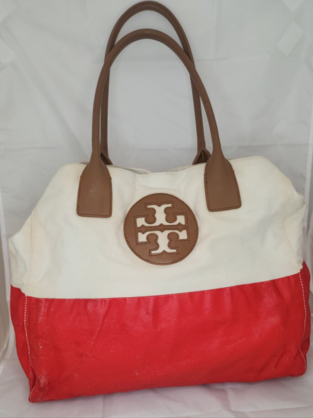 Tory Burch Cream and Red Canvas Tote with Tan Leather Trim Nearly PERCECT - Picture 1 of 13